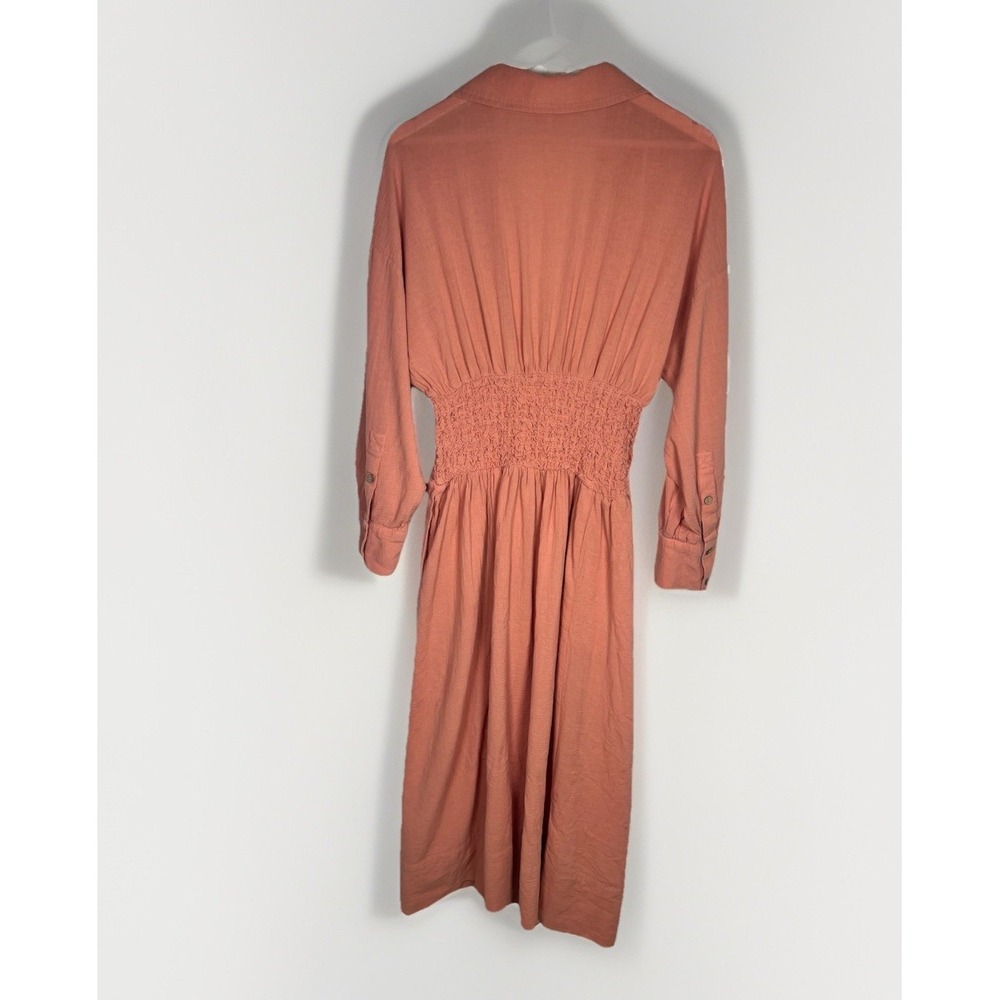 Free People Medium Monika Shirt Dress Smocked Waist Deep V-Neck Autumn Peach EUC - Picture 4 of 14